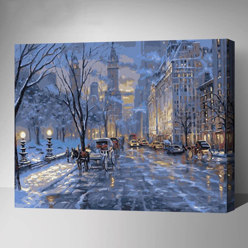 MADE4U [Landscape Series] [20"] [Thicker (1")] [Wood Framed] Paint By Numbers Kit with Brushes and Paints (Snow On The Streets GX7919)